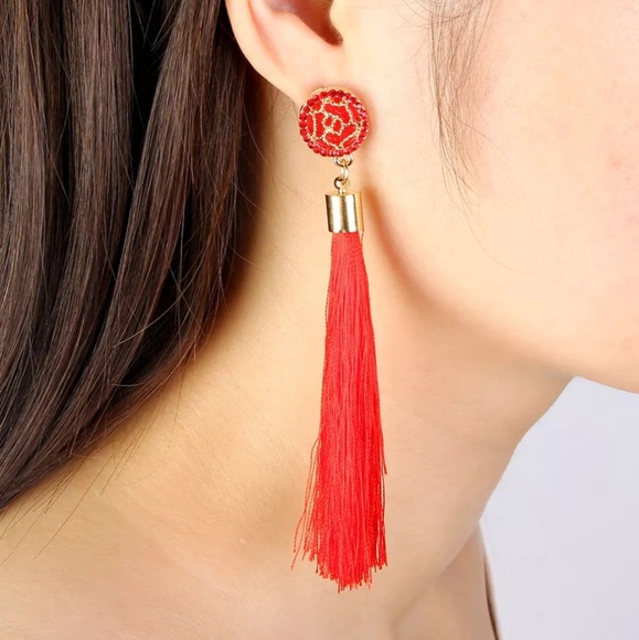 Long Fringe Tassel Statement Rhinestone Earrings - Picture 3 of 5